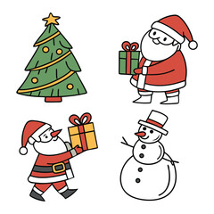 Christmas Cartoon Icons Santa, Snowman, Tree, gift box, Reindeer Vector Set on white background. Christmas Holiday Icons