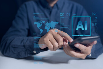 AI agent concept, Businessman use AI-powered assistant streamlines information management, offering smart support system for client satisfaction and seamless digital business workflow