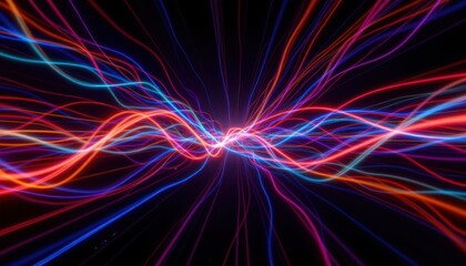 A mesmerizing abstract background featuring vibrant glowing lines intertwining and pulsating against a dark backdrop, creating a sense of movement and energy.