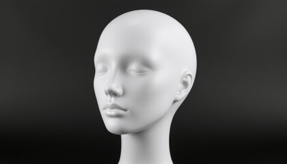 A blank white mannequin head with a faded plastic human faceless design, placed on a dark black background for a sleek and modern aesthetic