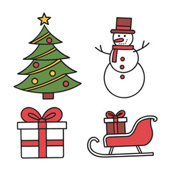 Christmas Cartoon Icons Santa, Snowman, Tree, gift box, Reindeer Vector Set on white background. Christmas Holiday Icons