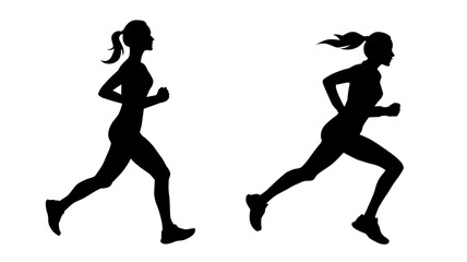 Running woman silhouettes. Vector set. Female runner figure shapes. Bare and naked slim healthy girl work out.