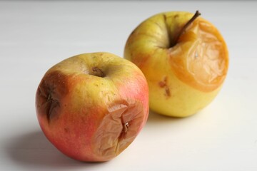 Rotten apples on white wooden table, closeup