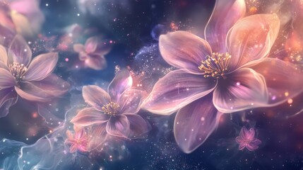 Fototapeta premium Delicate translucent flowers hover in a starry space, their soft petals blending with shimmering light and mist