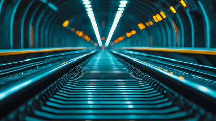 Futuristic, illuminated train tracks in a tunnel with vibrant blue and yellow lighting.