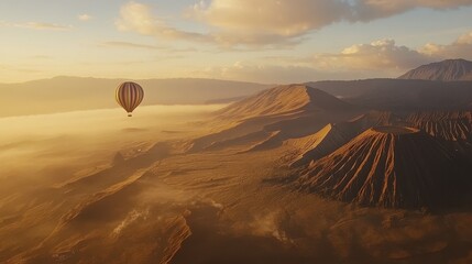 Naklejka premium Sunrise hot air balloon over volcanic landscape.