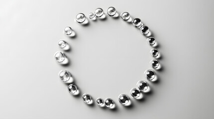 Formation of Circle with Water droplets: A minimalistic composition showcasing meticulously arranged water droplets, forming a perfect circle. The droplets glisten with an ethereal quality.