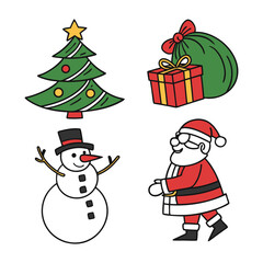 Christmas Cartoon Icons Santa, Snowman, Tree, gift box, Reindeer Vector Set on white background. Christmas Holiday Icons