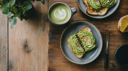 Top-down shot of two avocado toasts on gray plates, a matcha latte, and a knife on a textured wooden table. Healthy brunch setting with plant