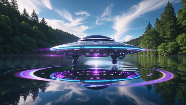 A futuristic spaceship hovers silently over a serene lake, nestled amidst a lush green forest. The vibrant purple and blue lights illuminate the water, creating a captivating scene of mystery.