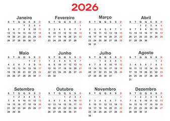 Calendar 2026 Year mockup. Portuguese version. Annual horizontal template. Classic simple minimal design. Editable format. EPS10.