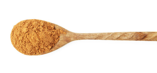 Superfood. Cinnamon powder in spoon isolated on white, top view