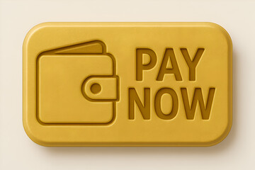 PAY NOW button in gold 3D style with embossed wallet icon, digital payment interface element for online checkout and finance apps
