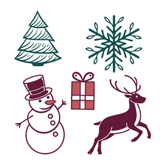 Christmas Cartoon Icons Santa, Snowman, Tree, gift box, Reindeer Vector Set on white background. Christmas Holiday Icons