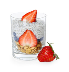 Delicious dessert with chia seeds, yogurt, granola, strawberries and berries in glass isolated on white. Superfood