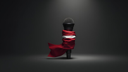 Latvia’s flag chokes a microphone, a chilling metaphor for suppressed voices. Dark tones and sharp focus intensify the message.