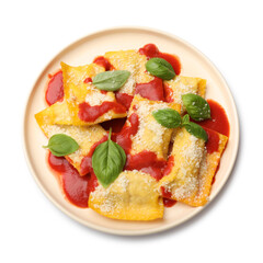 Delicious ravioli with tomato sauce, parmesan cheese and basil isolated on white, top view