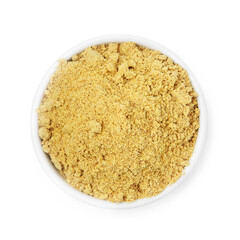 Superfood. Mustard powder in bowl isolated on white, top view