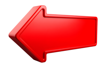 Bright red 3D arrow pointing left against a transparent background. Glossy and attention-grabbing for navigation