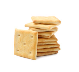 Stack of tasty salty crackers isolated on white