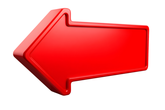 Bright red 3D arrow pointing left against a transparent background. Glossy and attention-grabbing for navigation