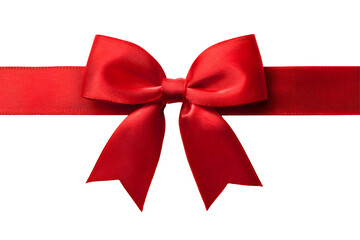Fototapeta premium Bright red, silky ribbon tied in a neat bow, centered on a transparent background, presents a delicate gift wrap detail