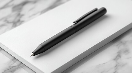 Black pen on a blank notepad resting on a marble surface.