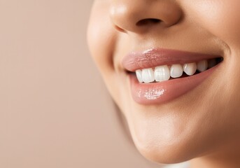 Obraz premium Close-up of smiling young woman's mouth with smooth skin and glossy lips