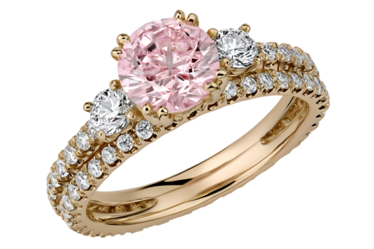 Elegant gold band, pink center stone, white accents. Jewelry for special occasions and commitment