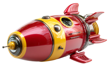 Red and yellow retro rocket with fins and a porthole design on a transparent background