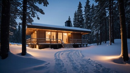 Charming cabin at night snow-covered with sleek scandinavian design elements and a soft warm glow emitting from inside