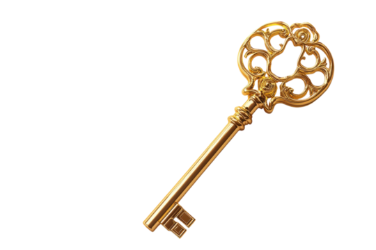 Ornate gold key symbol of opportunity success and unlocking potential Clean white background