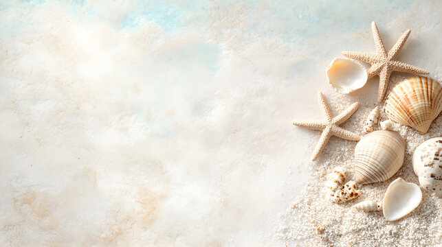 Collection of seashells and starfish on sandy beach, copy space Generative AI