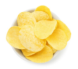 Tasty potato chips in bowl isolated on white, top view