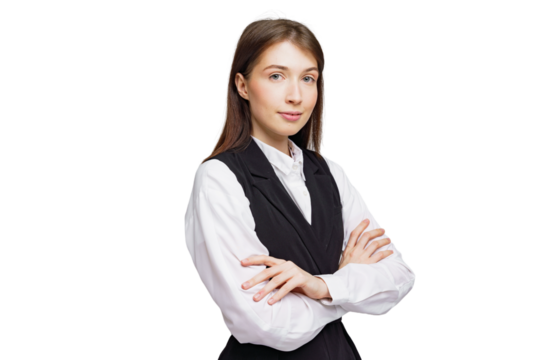 Confident business professional posing elegantly with arms crossed in a modern studio setting