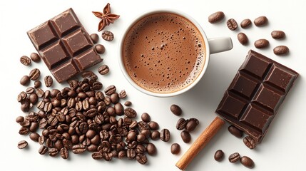 Overhead View Of Coffee Cup Chocolate Bars Cinnamon Sticks And Roasted Coffee Beans