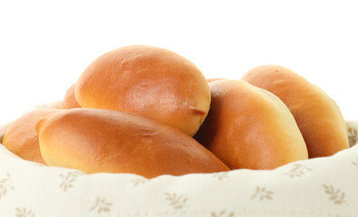 Tasty baked patties in bowl isolated on white
