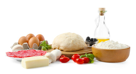 Making pizza. Different ingredients isolated on white