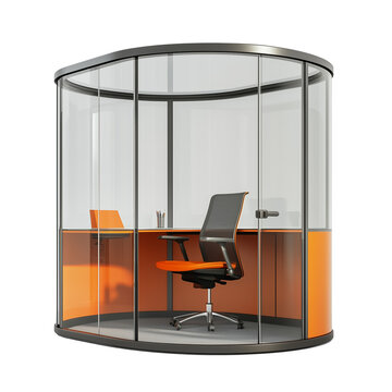 Modern Curved Glass Office Cubicle with Orange Chair and Desk on Transparent Background