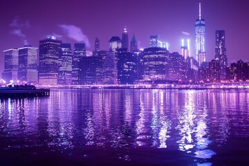 Obraz premium Night city skyline, vibrant purple hues