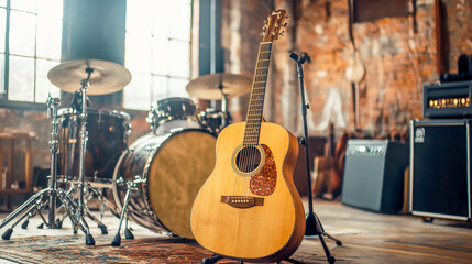 wooden acoustic guitar beside drum set, musical equipment in creative space