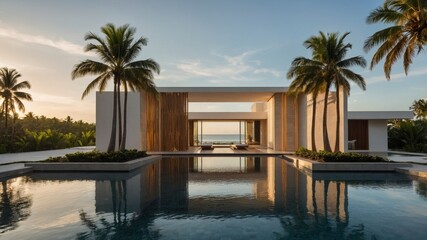Fototapeta premium A beautiful pool framed by palm trees at a beachfront luxury villa showcasing tropical modern design elements