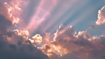 Heavenly Clouds: Soft clouds painted with hues of rose and gold drift gracefully across a vibrant blue sky, sunlight streaming through the breaks in the clouds, creating a breathtaking scene. 