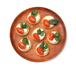 Tasty crackers with cream cheese, tomatoes and parsley isolated on white, top view