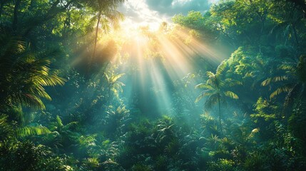 Obraz premium Lush Sunlight Streams Through Tropical Forest Canopy