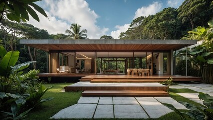 Fototapeta premium Unique compact modern house in the heart of a lush jungle surrounded by tropical flora and providing a serene escape into nature