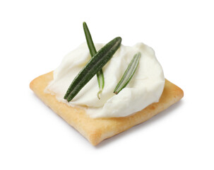 Tasty cracker with cream cheese and rosemary isolated on white