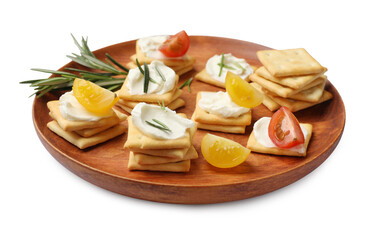 Tasty crackers with cream cheese, rosemary and tomatoes isolated on white