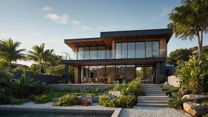 Fototapeta premium Charming tropical modern house showcasing contemporary design elements that harmonize with surrounding nature and lush environment