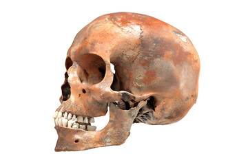 Human skull. Bony head structure, teeth. Side view. Ancient and weathered against a transparent background. Anatomy illustration